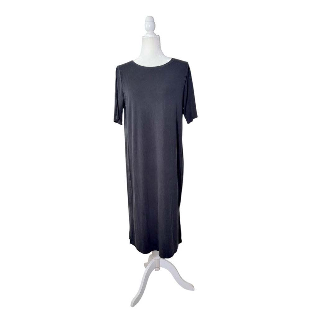 Eileen Fisher Crew Neck Shift Black Viscose Spandex Jersey T-Shirt Dress Size S